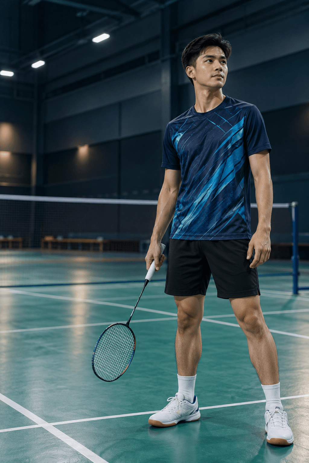 Badminton player standing on an indoor court with a racket