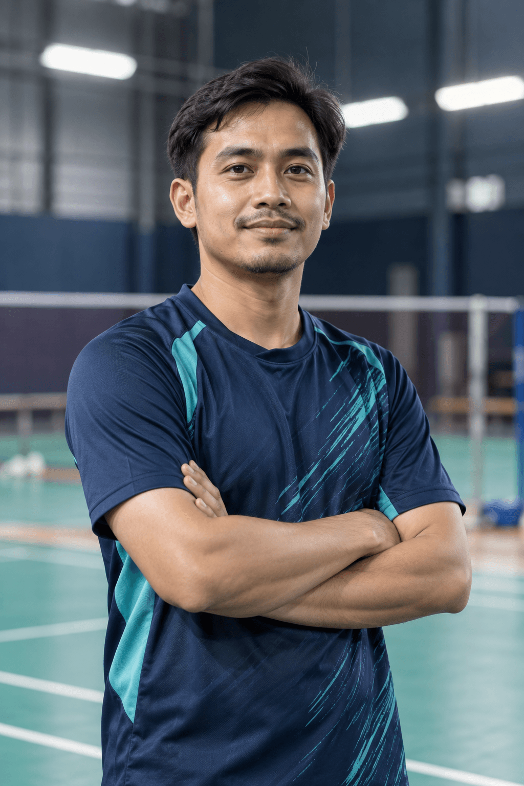 Malaysian badminton sports coach in an indoor court