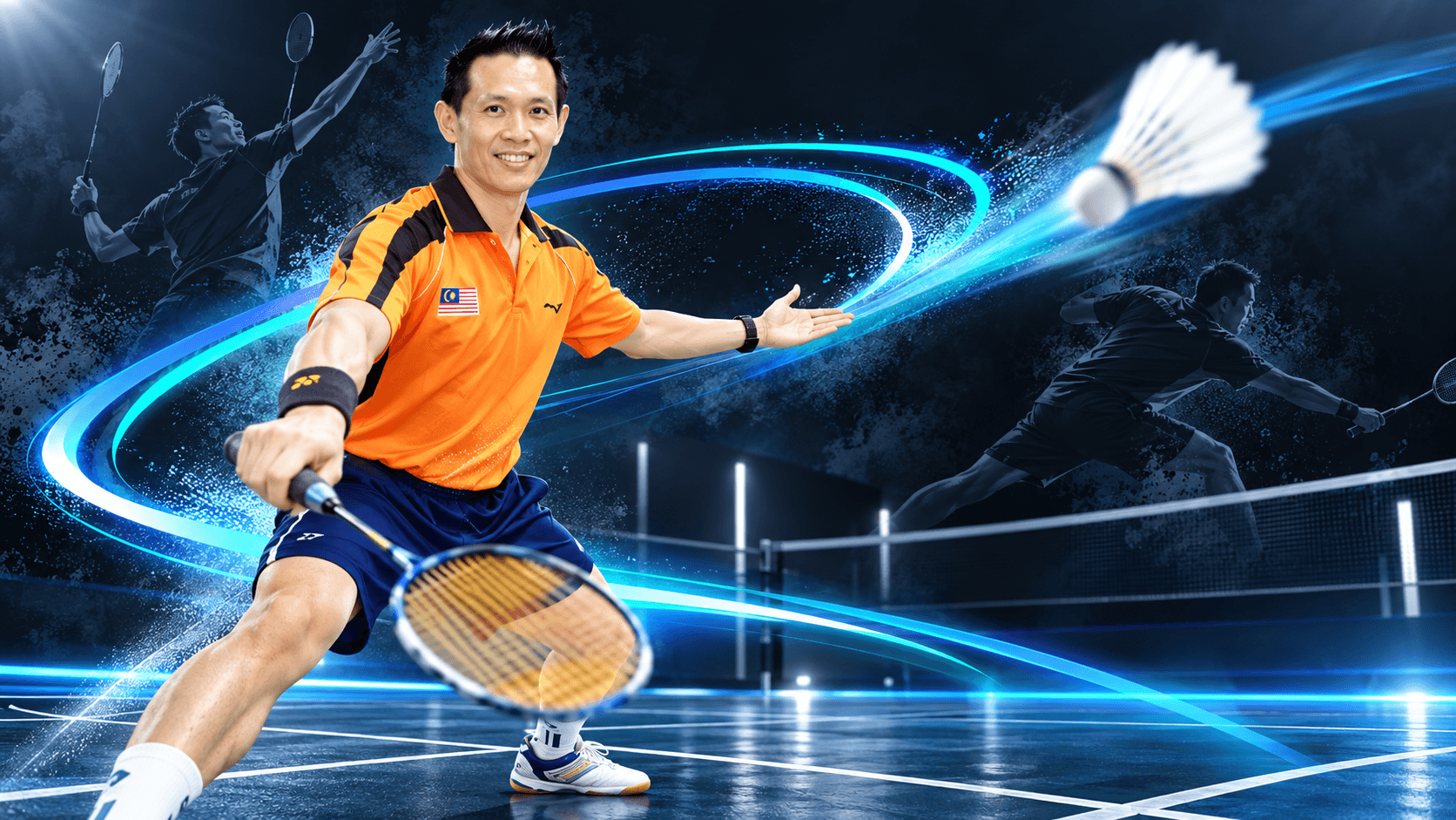 Badminton player moving across an indoor court