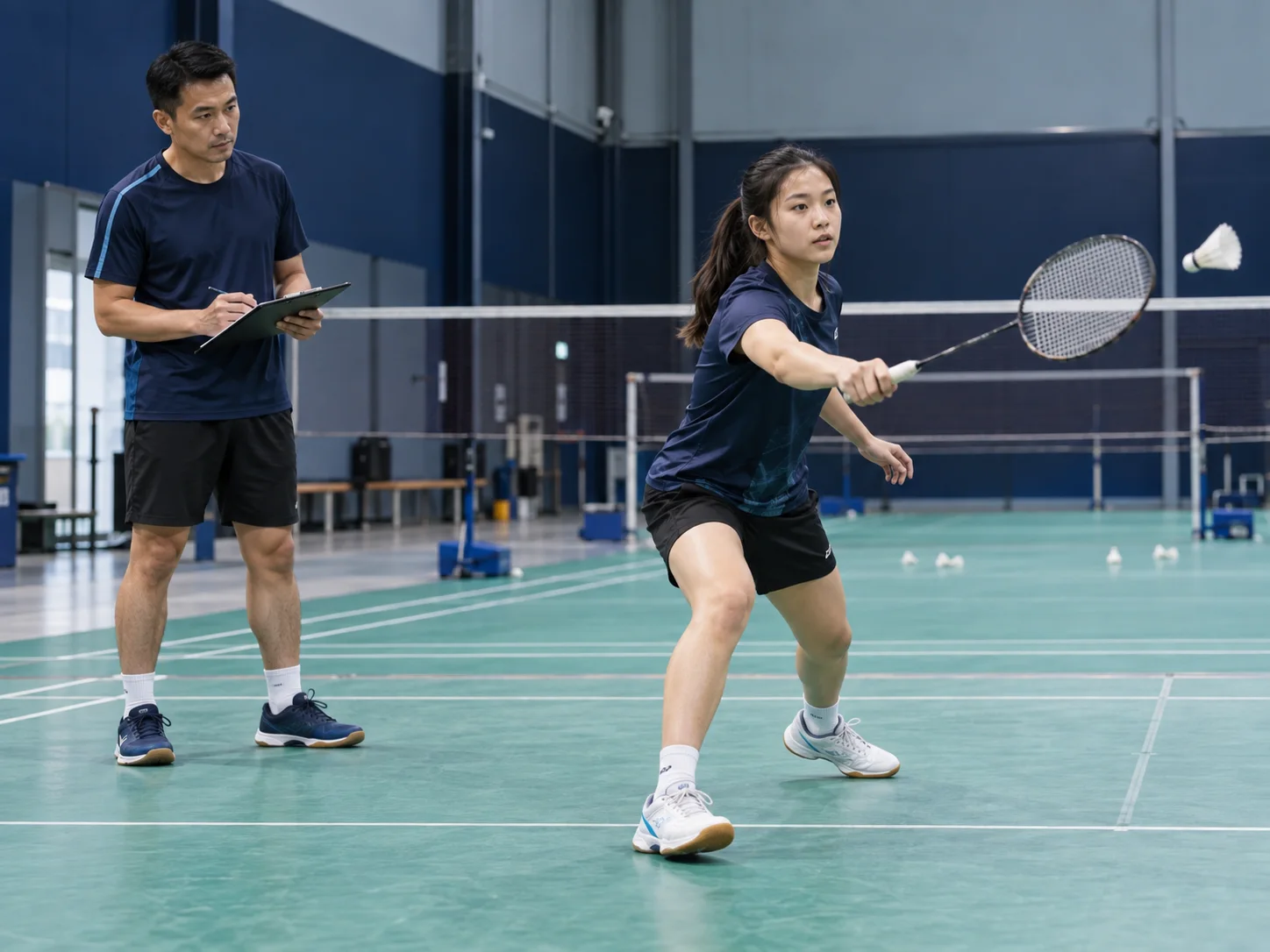 Badminton coach assessing a player's technique during training