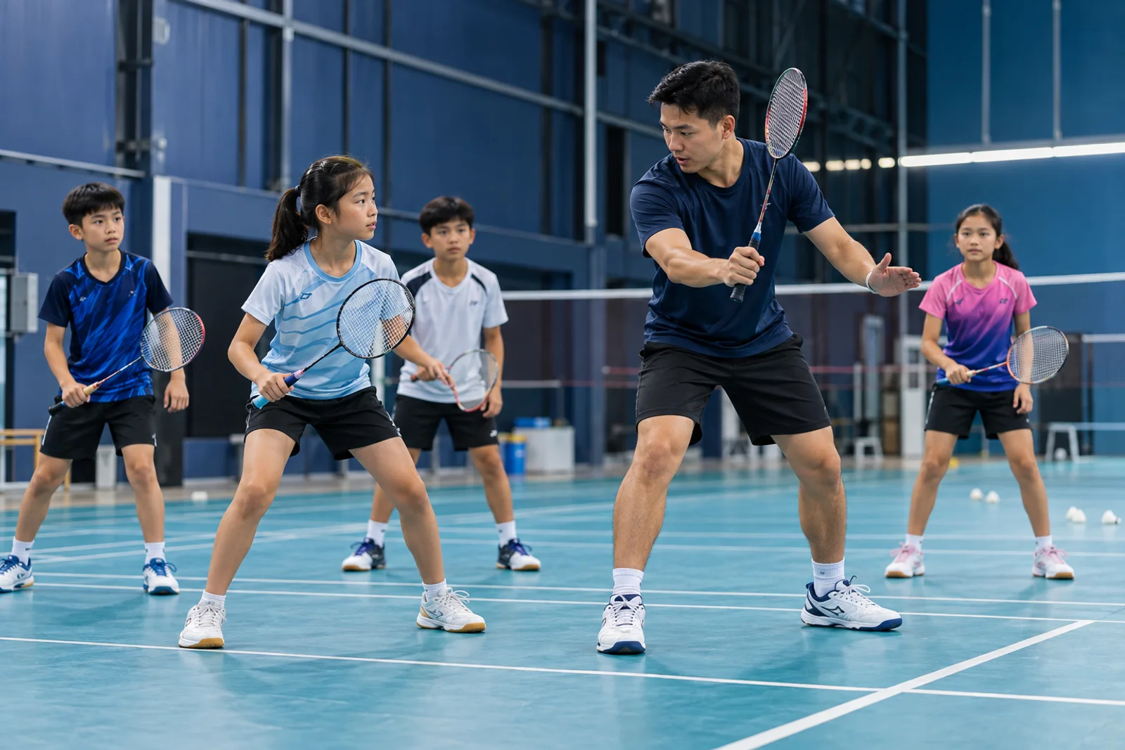 Badminton coach teaching junior players on court
